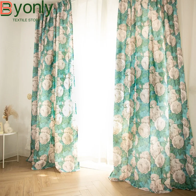 Vintage Green White Rose Printed Cotton Linen Curtains for Living Room French Window Customized Finished Partition Curtain