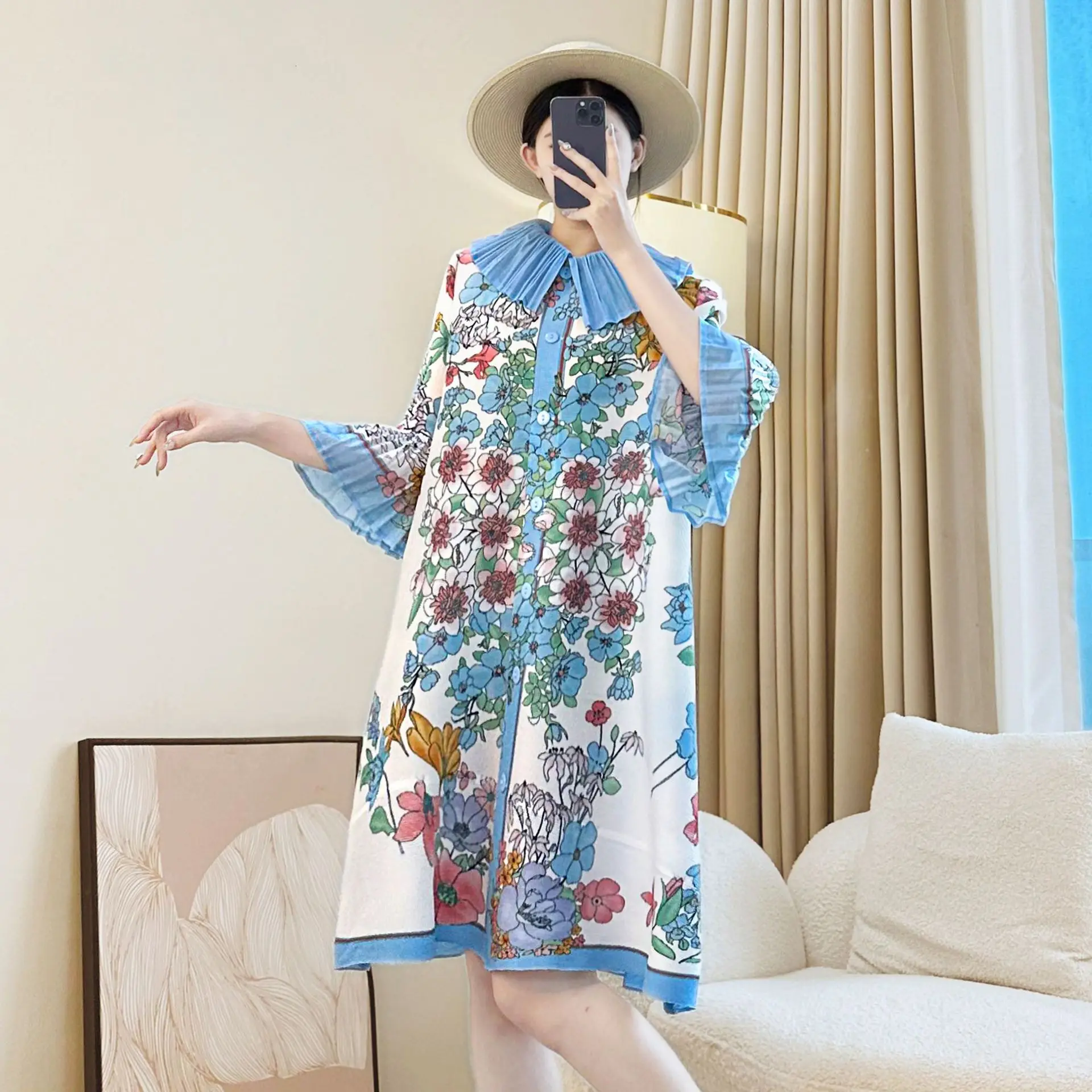 Miyake Blue Laple Printing Abito plissettato da donna monopetto manica svasata elastico allentato chic nuovo abbigliamento femminile