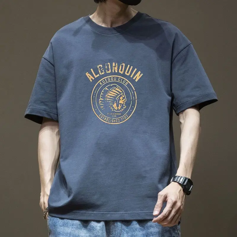 

Men's Short-sleeved Round Neck Pure Cotton Trendy Slim Korean Trendy Brand Character Printed Half-sleeved Top T-shirt Summer