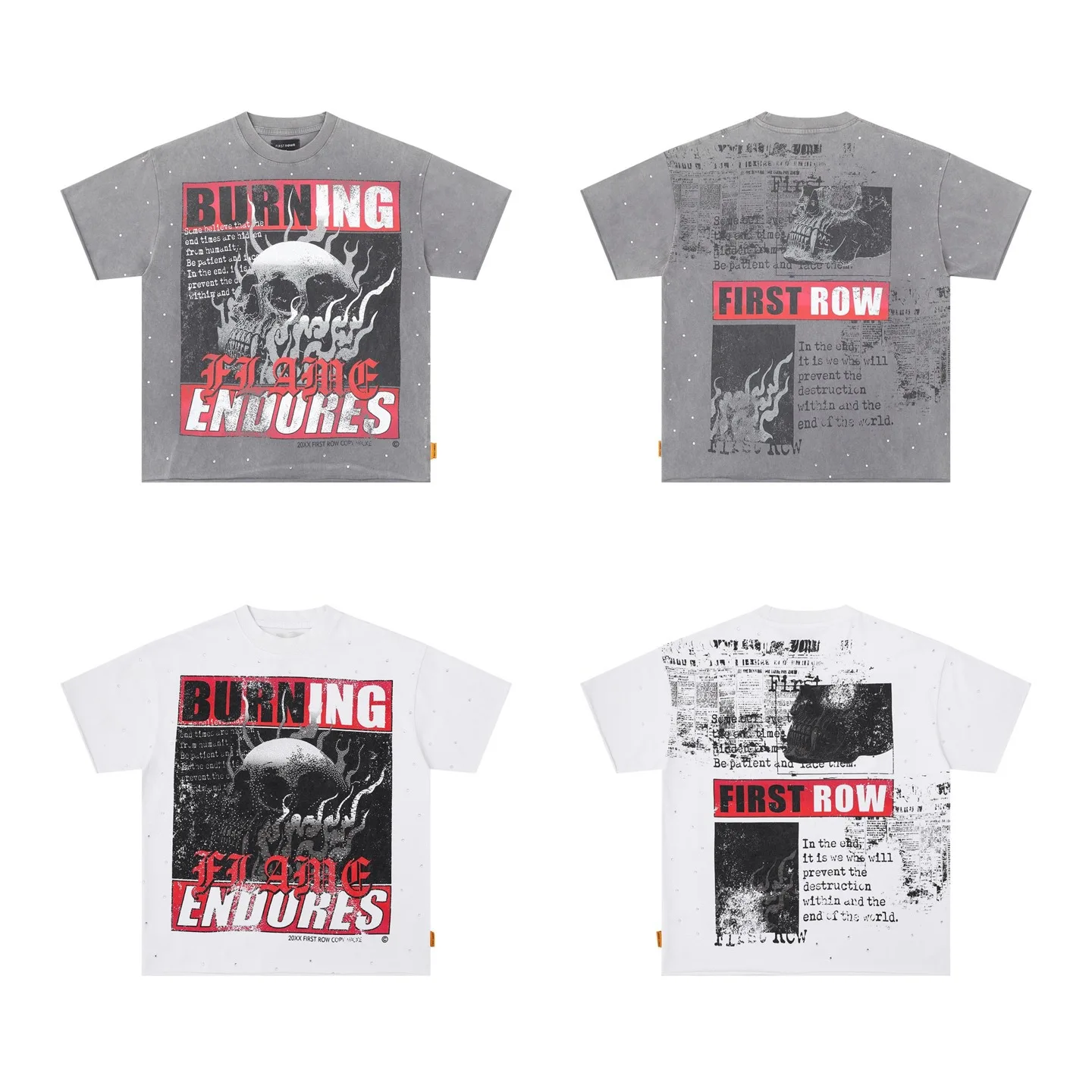 First Row Skull brand - Stamped diamonds Antique washed Streetwear T-shirt Loose cotton Round neck Short sleeve