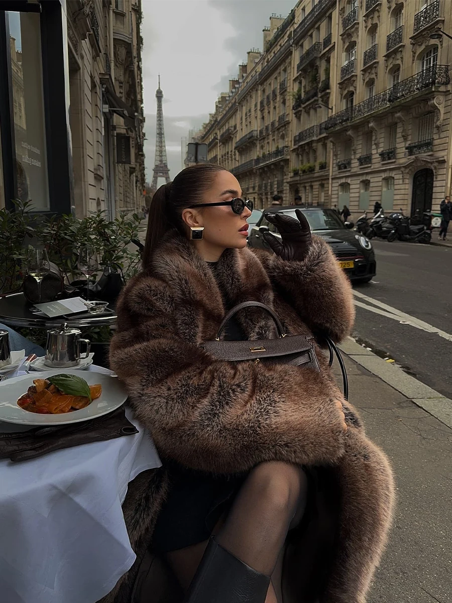 Abrigo largo Maxi de piel sintética de primera calidad con degradado de rayas marrones, abrigo Midi Vintage de lujo con cuello de solapa esponjoso, trajes Slay de estilo Pinterest