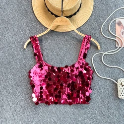 summer Sexy Sequined Camis Chic Slim Party Club Tank Top Basic Fashion Off Shoulder Women Hotsweet Crop Top
