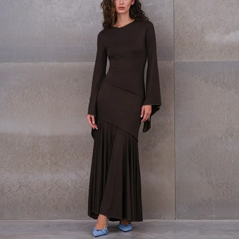 فستان طويل أنيق ثنيات للنساء فستان مكشكش بأكمام طويلة نحيف مطوي عالي الخصر ورقبة مستديرة مرقع فستان نسائي رداء