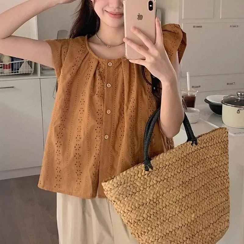 Vintage Lace Hollow Out Shirt Summer New Stylish Flying Sleeve Female Clothing Commute Single-breasted Solid Color Casual Blouse