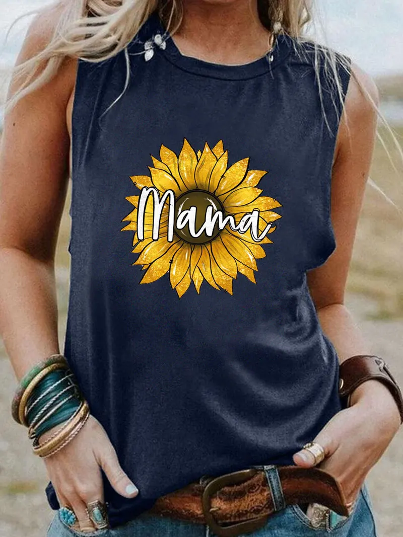 

MaMa Sunflower Print Mother's Day Sleeveless Tshirt Women Funny Summer Casual Sleeveless Top Gift for Mom Birthday Gift