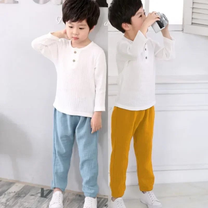 0-6Years Soft Sets Shirt Wholesale Children\'s Spring Summer Organic Cotton Set Boys Girls\' Thin Solid Color Soft Muslin Clothes