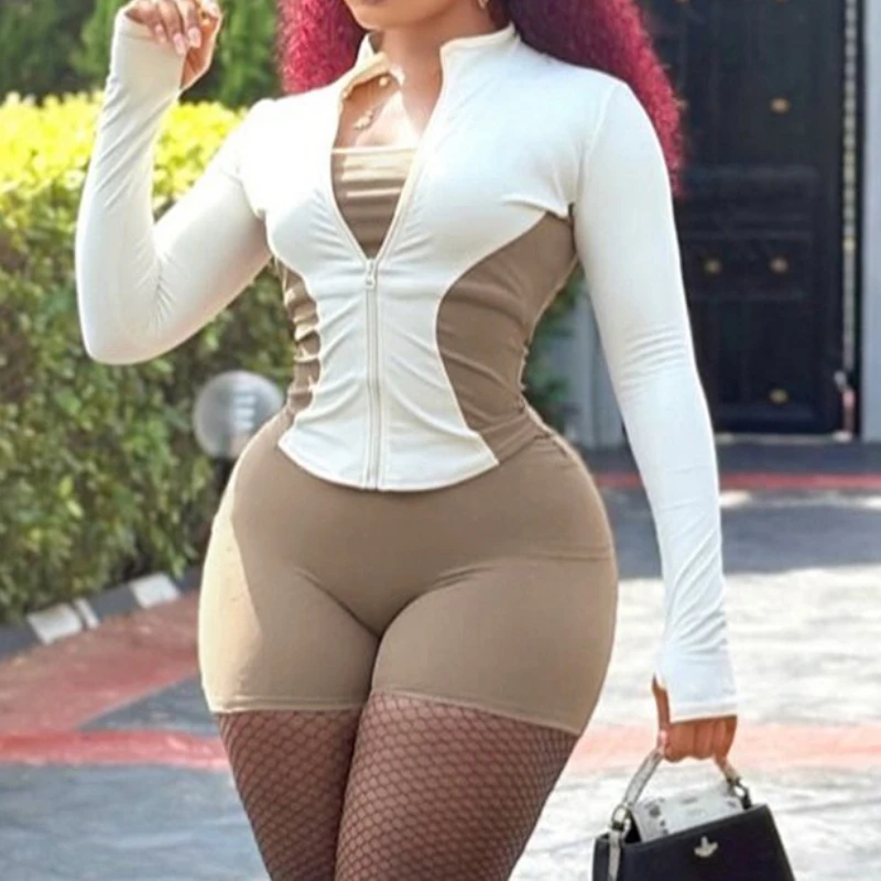 

Fashion Contrast Patchwork 2 Piece Set Women Zipper Cardigan Full Sleeve Jacket Top+Shorts Daily Casual Simple Sporty Suit 2025