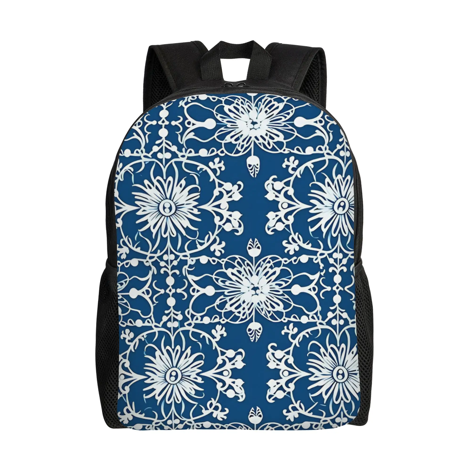 Blue Ornate Floral Backpack Teen  Large Backpacks Polyester Streetwear School Bags University High Quality Rucksack