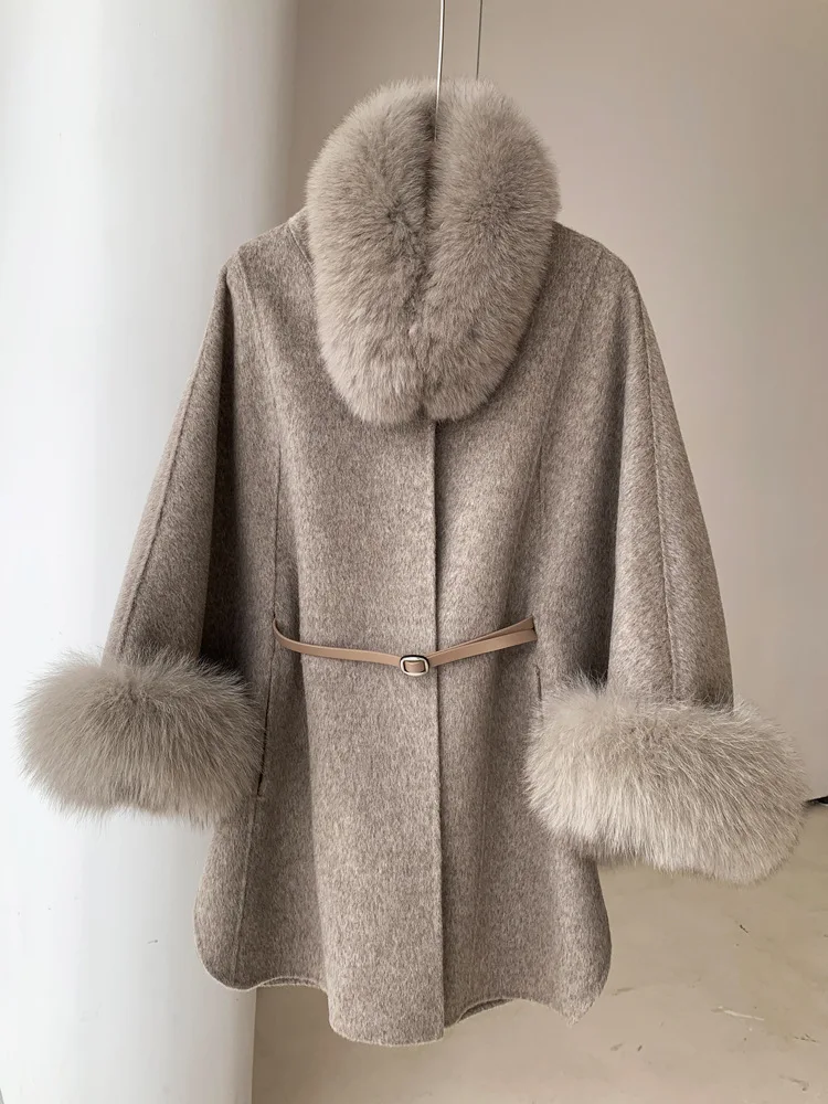 LANMREM High End Dubbelzijdige Kasjmier Jas Dames Vos Kraag Mantel Sjaal Wollen Mode Warme Jassen 2024 Winter Nieuw 2DA8104