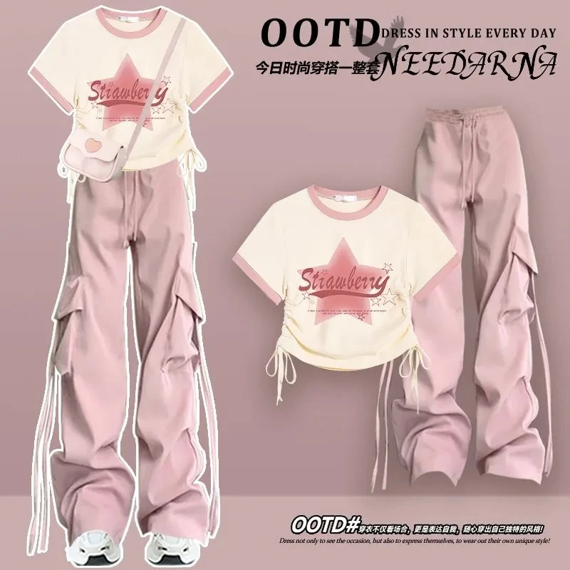 Spring/Summer Fashion Women\'s Set 2024 New Korean Edition Dopamine Wearing Pink Work Pants Age Reducing Two Piece Set