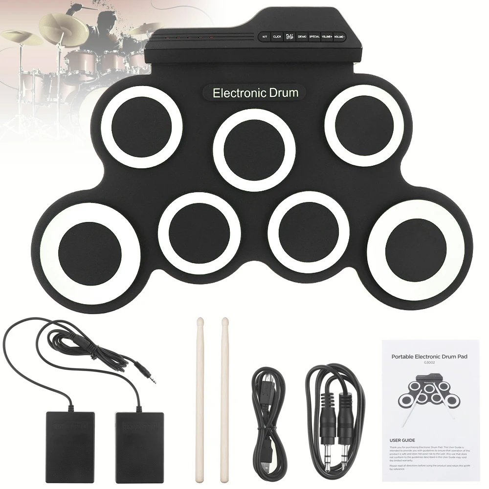 

Electronic Drums Set 7 Pads Digital Usb Foldable Silicon Drums Machines Compact Drum Kits With Foot Pedals Drumsticks Accessory