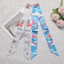 Women Hair Scarf 2024 New Brand Design Rainbow Princess Luxury Twill Silk Scarf Fashion Headband Skinny Bag Scarves Neckerchief