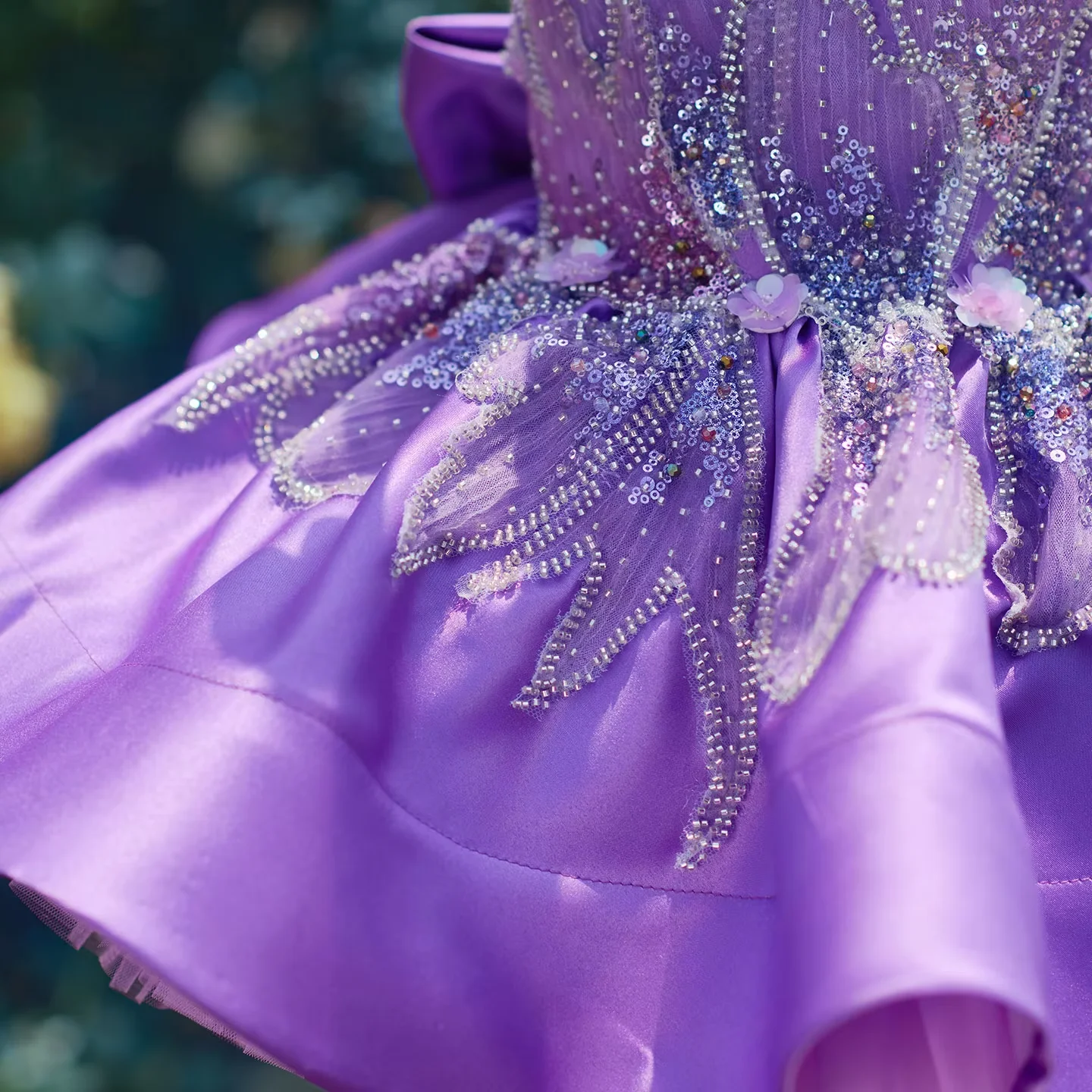legant Kids Party Purple Embroidered Mint Green Satin Flower Girl Dress with Beaded Embroidery, Oversized Bow