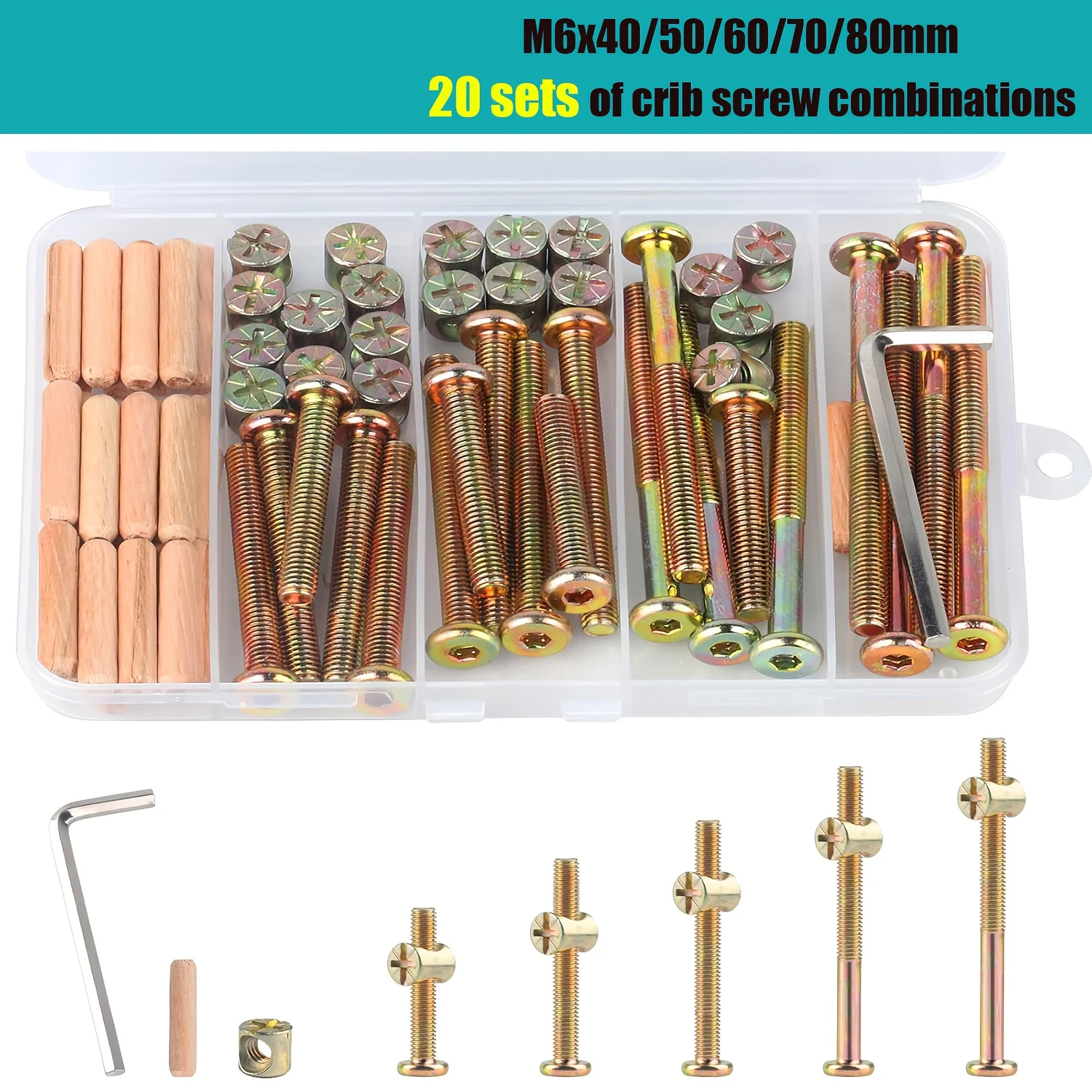 M6x40/50/60/70/80mm baby crib screw combination 20 sets of wooden double bed hardware replacement kit, bolts