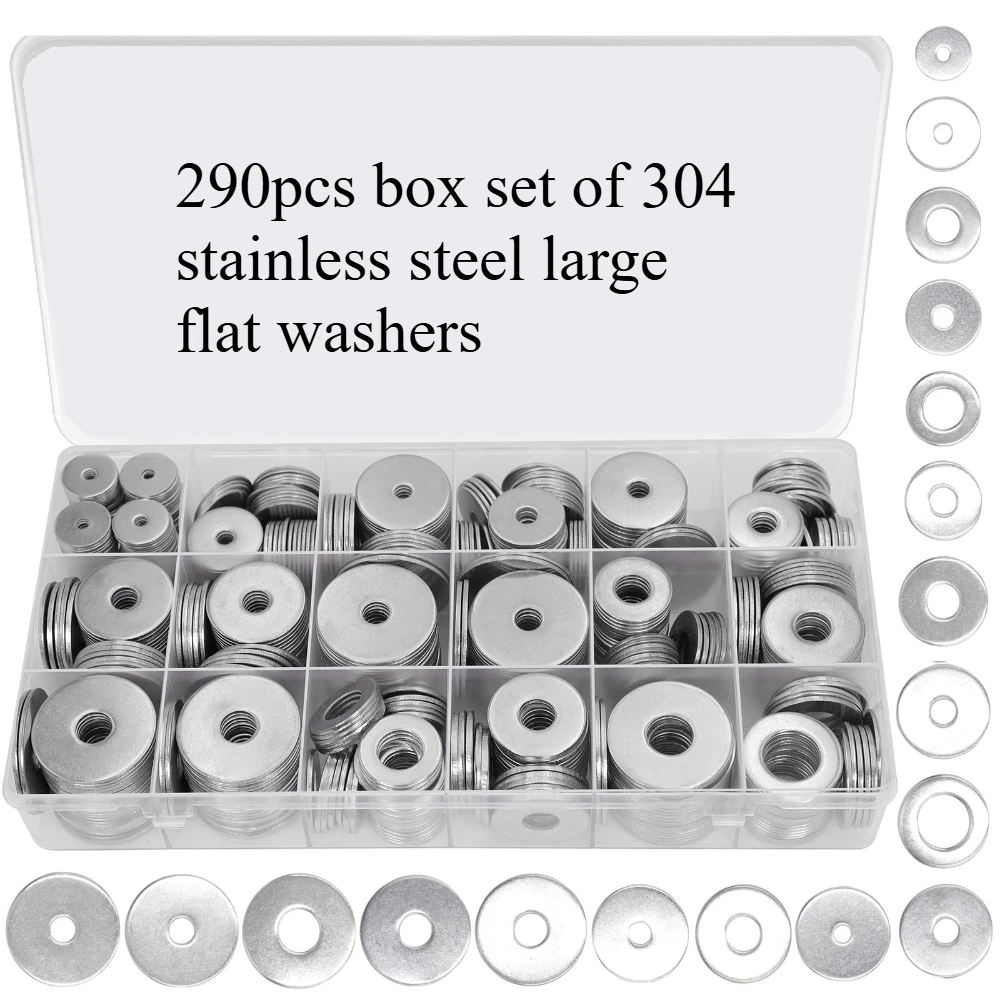 

304 Stainless Steel Rings Gasket Metal Large Flat Gasket 290pcs Screw Washer M3 M4 M5 M6 M8 M10 M12 Round Flat Gasket Washers