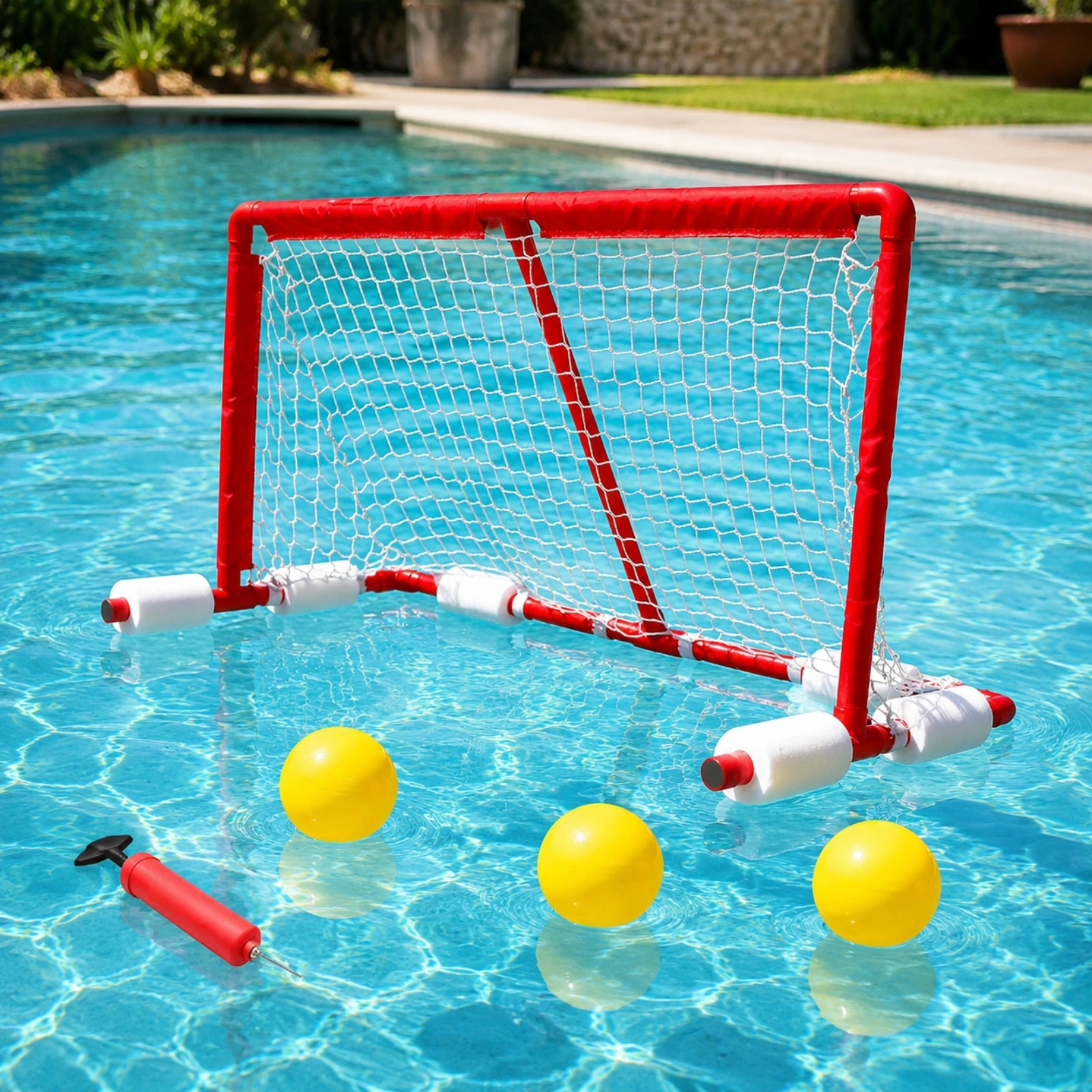 Adjustable Pool Goal with Net for Floating Water Polo Game Set with Balls and Hand Pump for Family Fun view 2