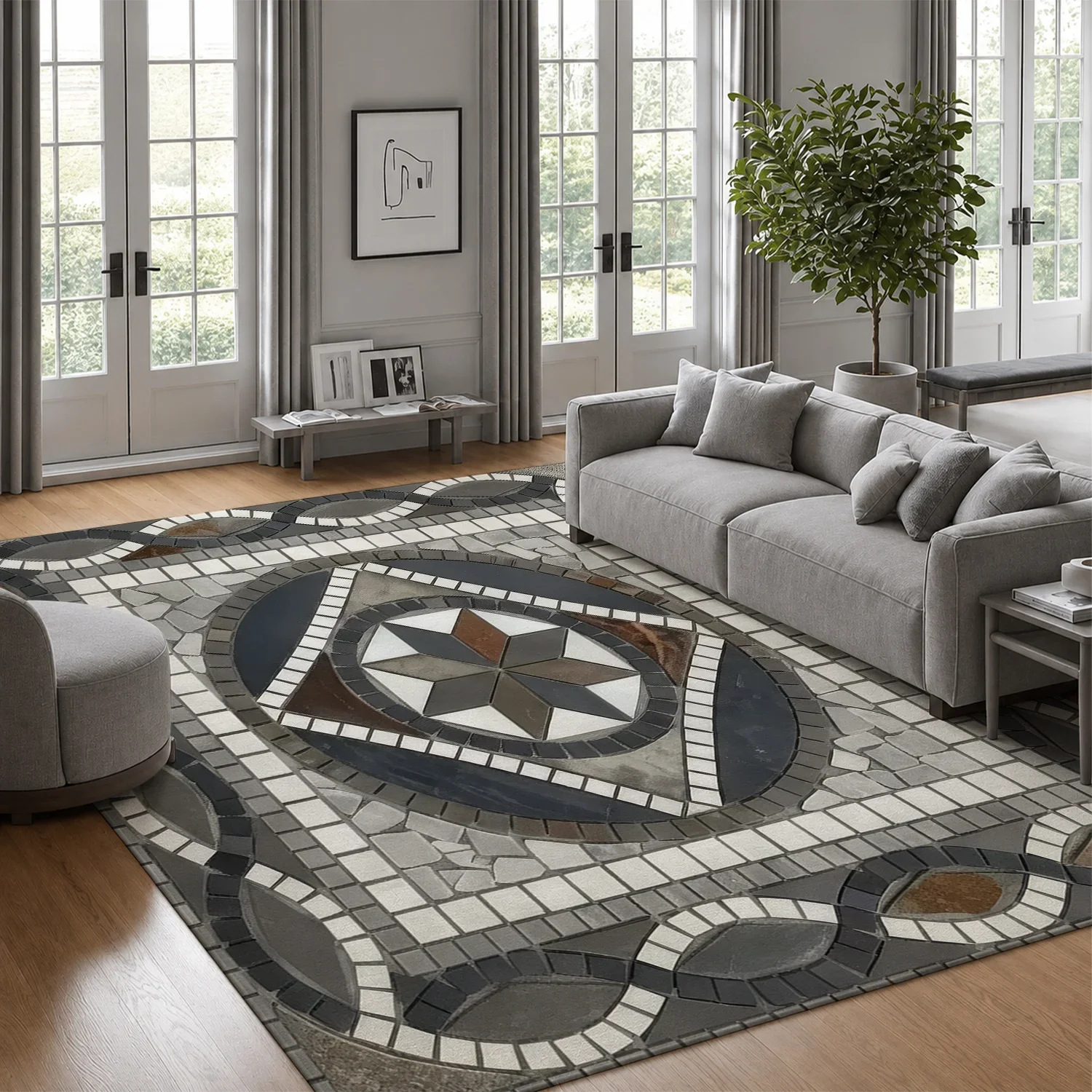 Large Indoor Area Rug, Soft Velvet Low Pile Non-Slip Dotted Backing Machine Washable, Mosaic Geometric Star Pattern Neutral Tone
