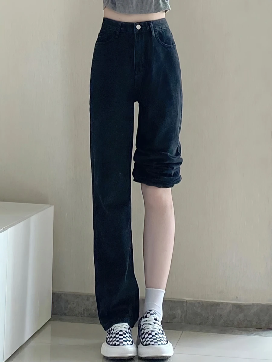 High Waist Loose Black Straight Leg Jeans Women's Spring New plus Size Fat MM Floor Length Wide Leg Pants Cleanfit Style