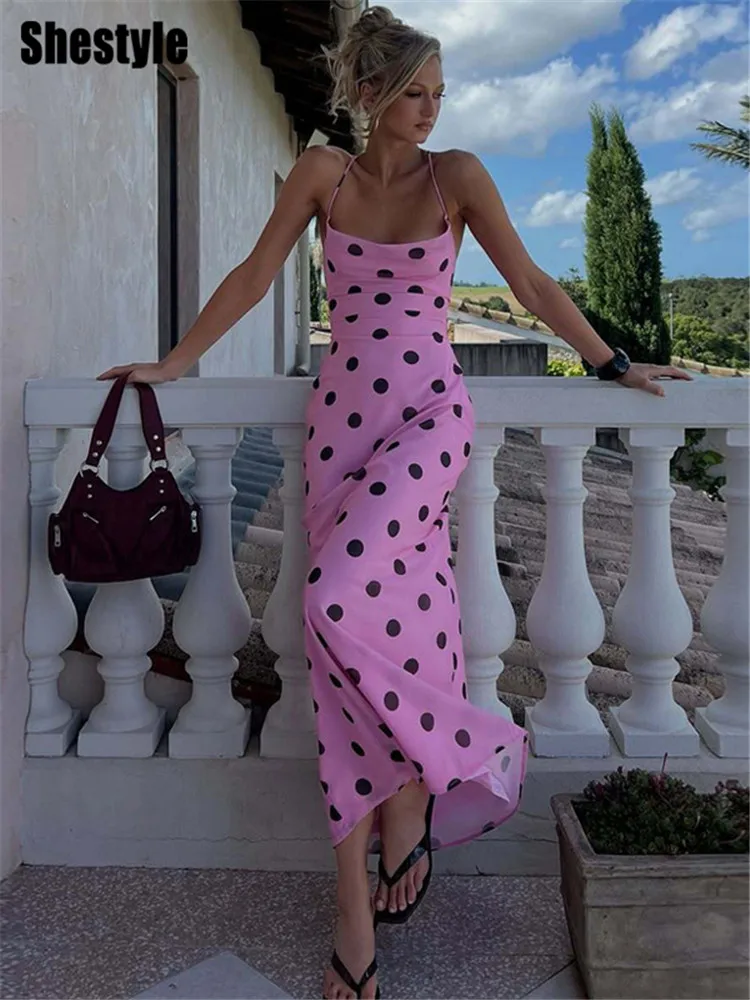 

Shestyle Polka Dot Printing Mermaid Dress Pink Backless Spaghetti Strap Summer Vacation Beachwear Flare Bandage Sexy Sweet