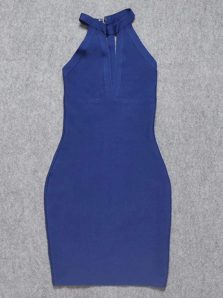 HQBORY Sexy Rayon Hollow Out Halter Royal Blue Women\'s Mini Bodycon Rayon Bandage Dress for Night Wear