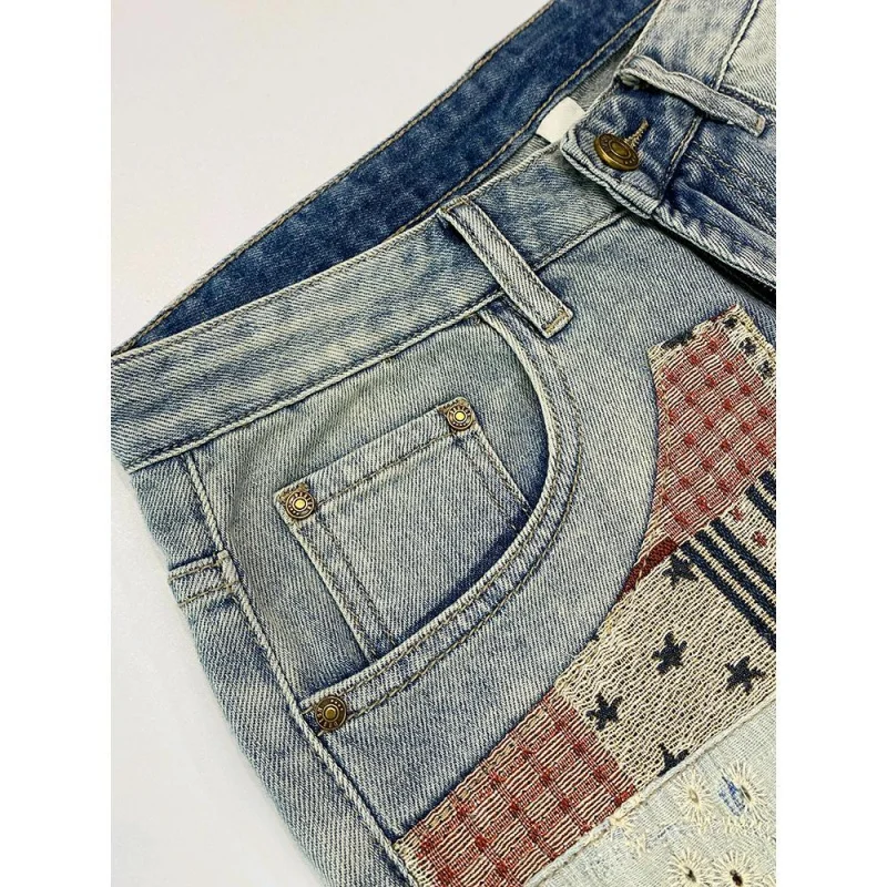 High End Denim Shorts Men\'S Slim Fit Personalized Fashion Distressed Patch Patchwork Printed Embroidery Casual Straight Pants