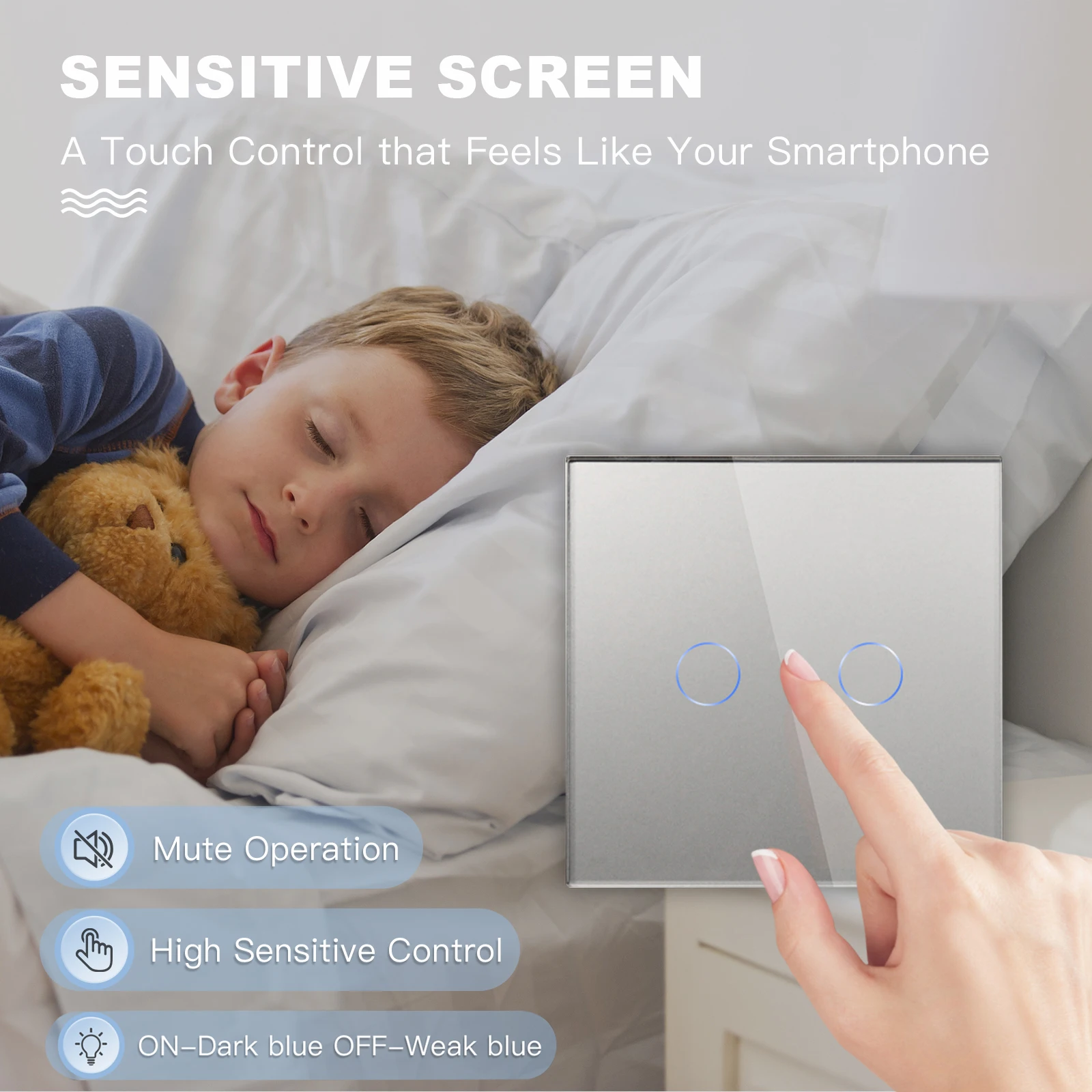 BSEED 2gang 1Way Wall Touch Switch Led Dimmer Switches For Dimmable Lights Tempered Glass Sensor Panel Blue Backlight 10A