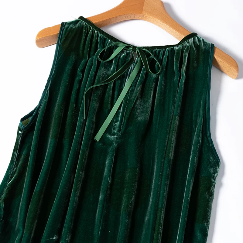 Women Silk Velvet Tank Dress 100% Mulberry Silk Lining Long Type Dark Green Sleeveless Crew Neck Midi Long Dress M1216