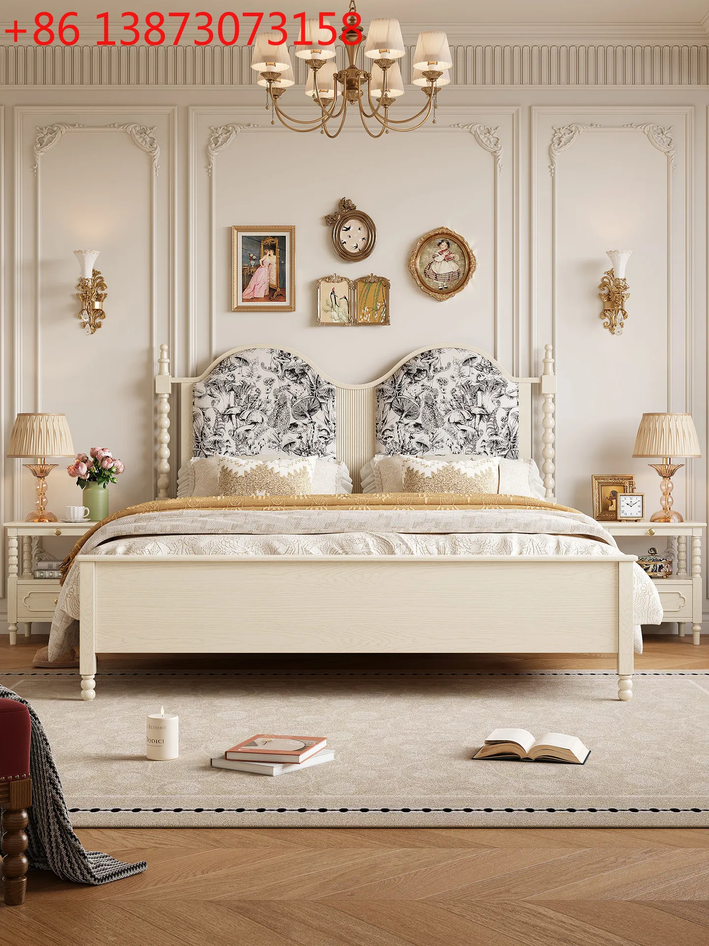 

Cream wind solid wood bed 1.8M ash wood double French master room queen bed household American white wedding bed