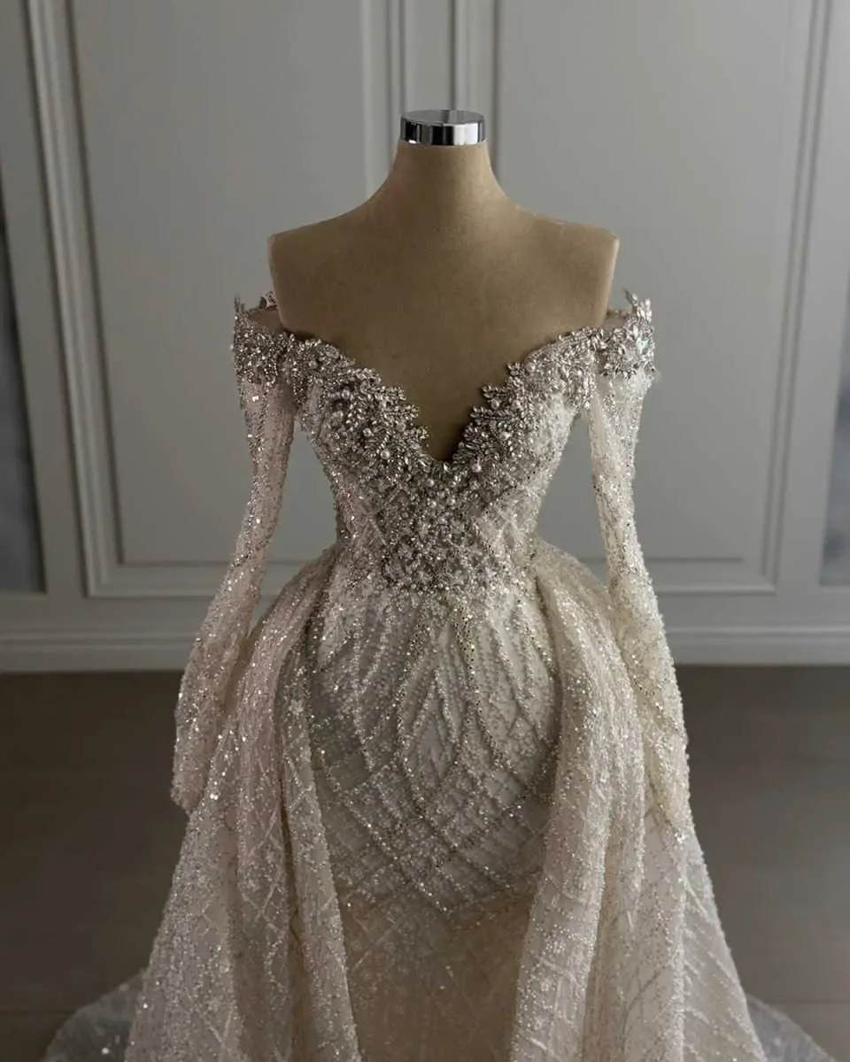Customized Off the Shoulder Shinny Beads Crystals  Wedding Dress with Removable Skirt Vestidos De Noiva Long Sleeve Bridal Gown