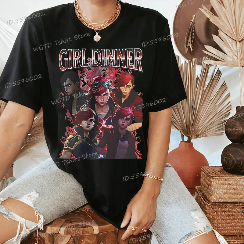 Vi Arcane T-Shirt Vintage Streetwear League of Legends Tee Shirts Anime Apparel Fanmerch Lol Merchandise Graphic T Shirts Cotton 