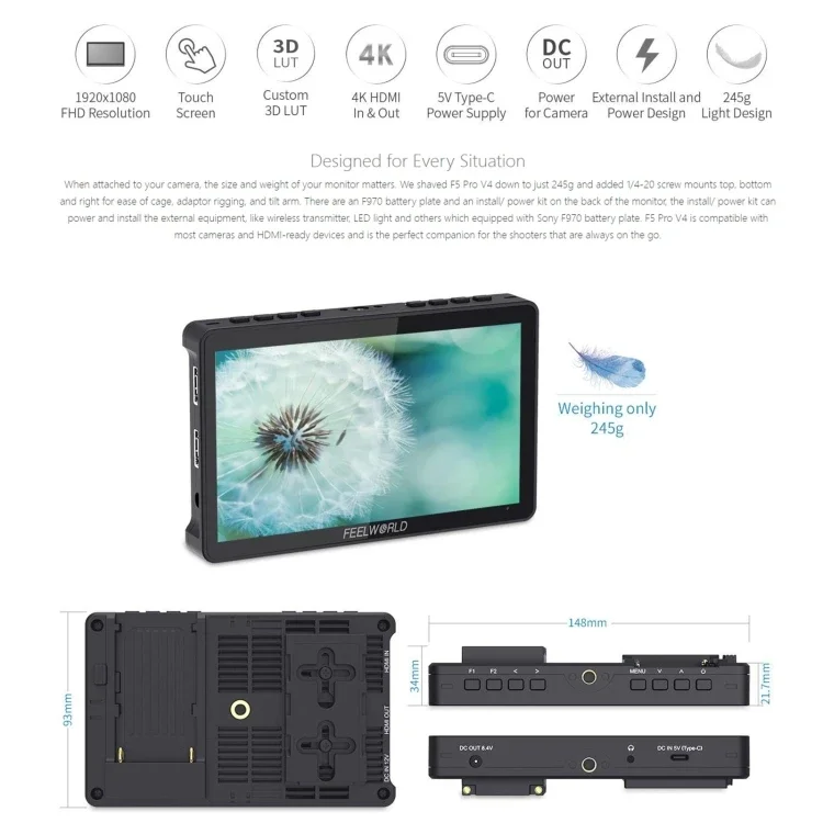 FEELWORLD F5 Pro V4 6 Inch Touch Screen DSLR Camera Field 3D LUT 4K Input Output Tilt Arm
