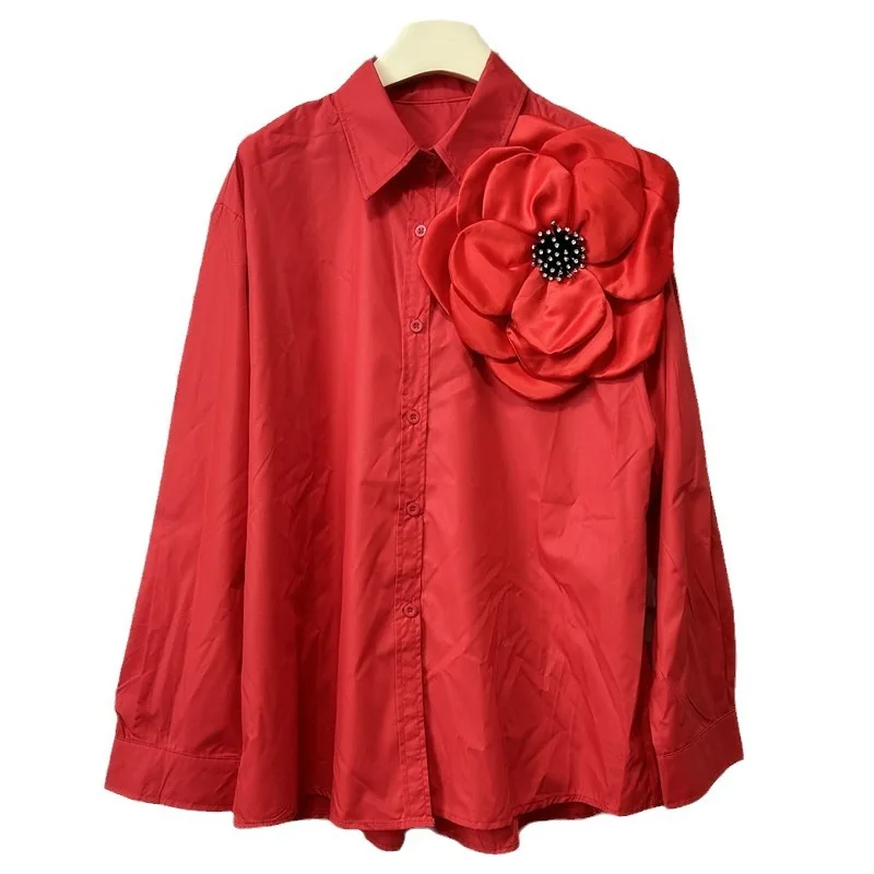 [EWQ] American Fashion Style Full Sleeve 3D Flower Embroidered Flares Blouse Loose Red Shirts Women 2024 Autumn New Tide 16O1195