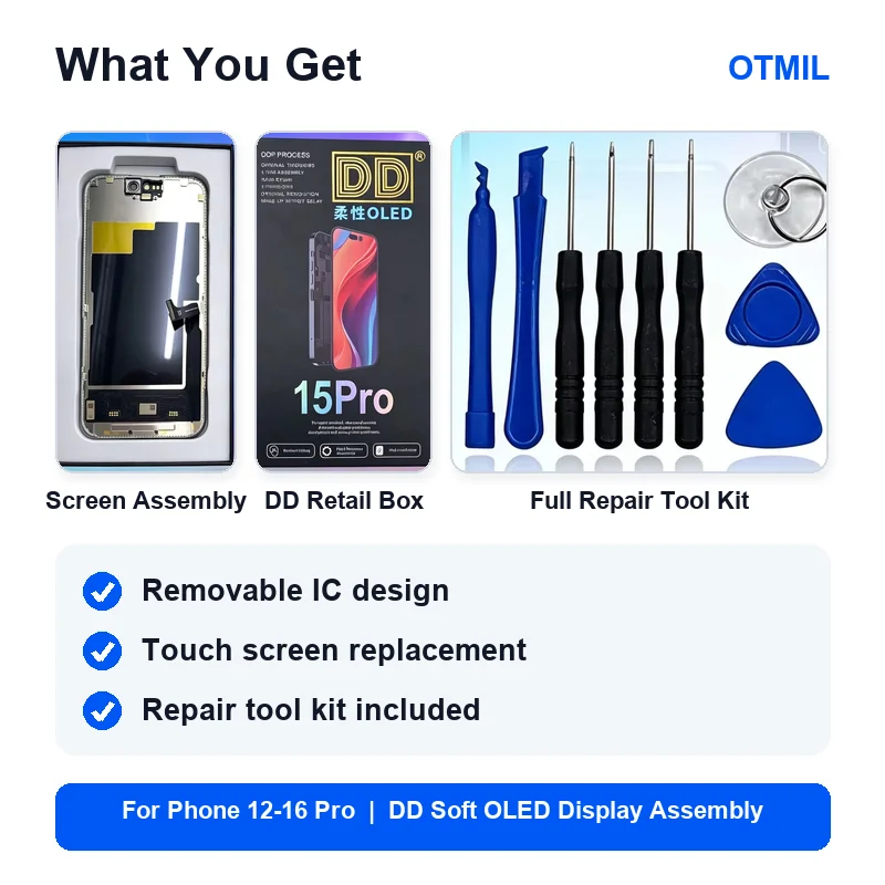 DD OLED Display For iPhone 12Pro 13Pro 14Pro 15Pro 16 Pro Replacement Touch Screen Digitizer Assembly With Repair Tools