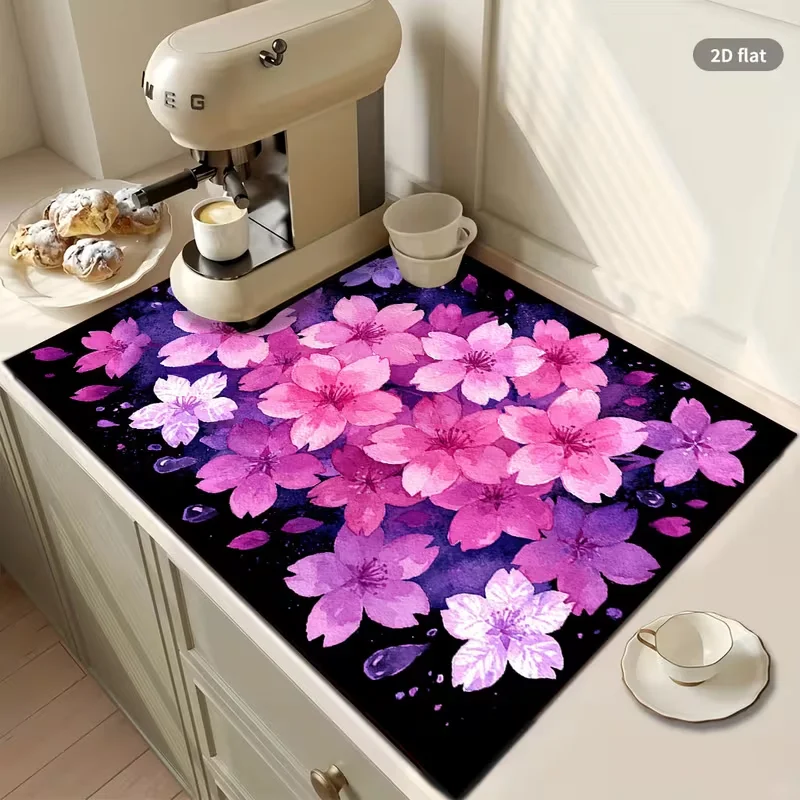Dark Background Blooming Floral Print Coffee Station Mat Retro Flower Countertop Pad For Espresso Machine Kitchen Decor