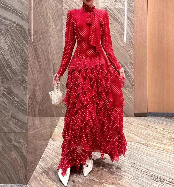 

Красное платье в горошек с длинными рукавами, женское платье с оборками и нашивкой, элегантное винтажное макси-платье, облегающее осенне-весеннее тканевое женское платье