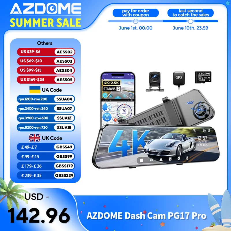 AZDOME PG17 Pro ダッシュカム 4K+2.5K 前後ミラーカメラ HDR STARVIS 2搭載 リアビューミラーカメラ 5G WIFI GPS 音声コントロール