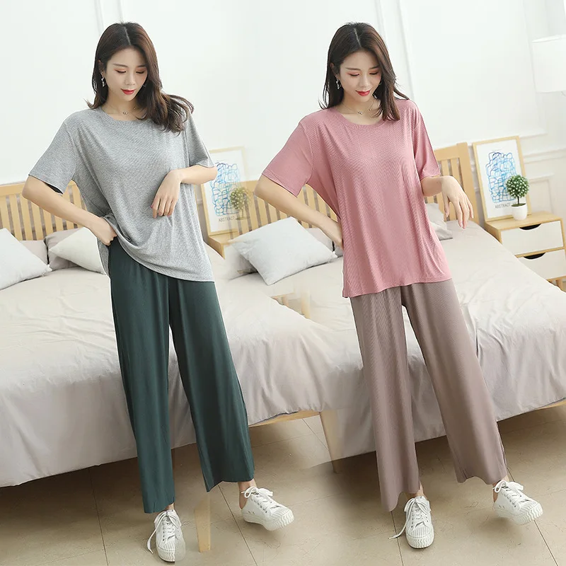 Solid Color Round Neck Pajamas Short Sleeve Nightwear Sleepwear Women Shirt Pant Casual Homewear Loose 2Pcs Loungewear