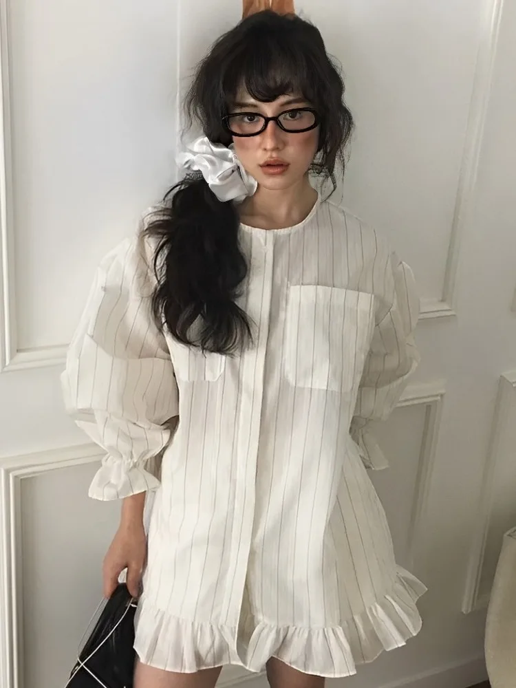 

Korean Sle Striped Long Sve irt Women's Loose Top Spring New Double ket Splicing Ear Long Sve Striped irt