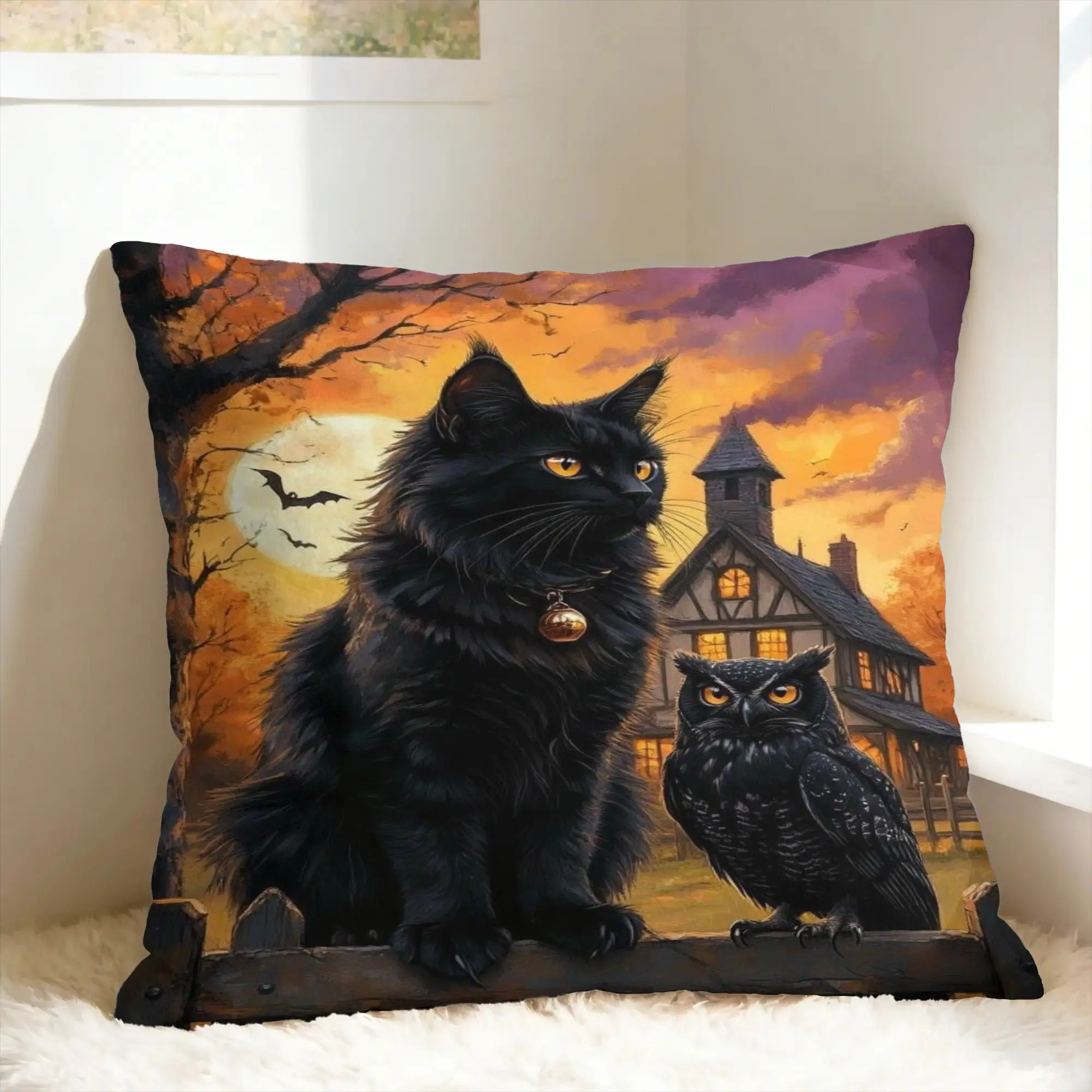 Witchy Black Cats Halloween Pillow Case Pet Lover Novelty Pillow Cover Print Pillowcases For Chair Sofa Home Decor