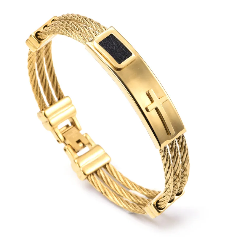 Pulsera cruzada Vintage para hombre, joyería con dijes de color dorado, pulsera religiosa, pulsera de silicona con cierre de acero inoxidable 316L