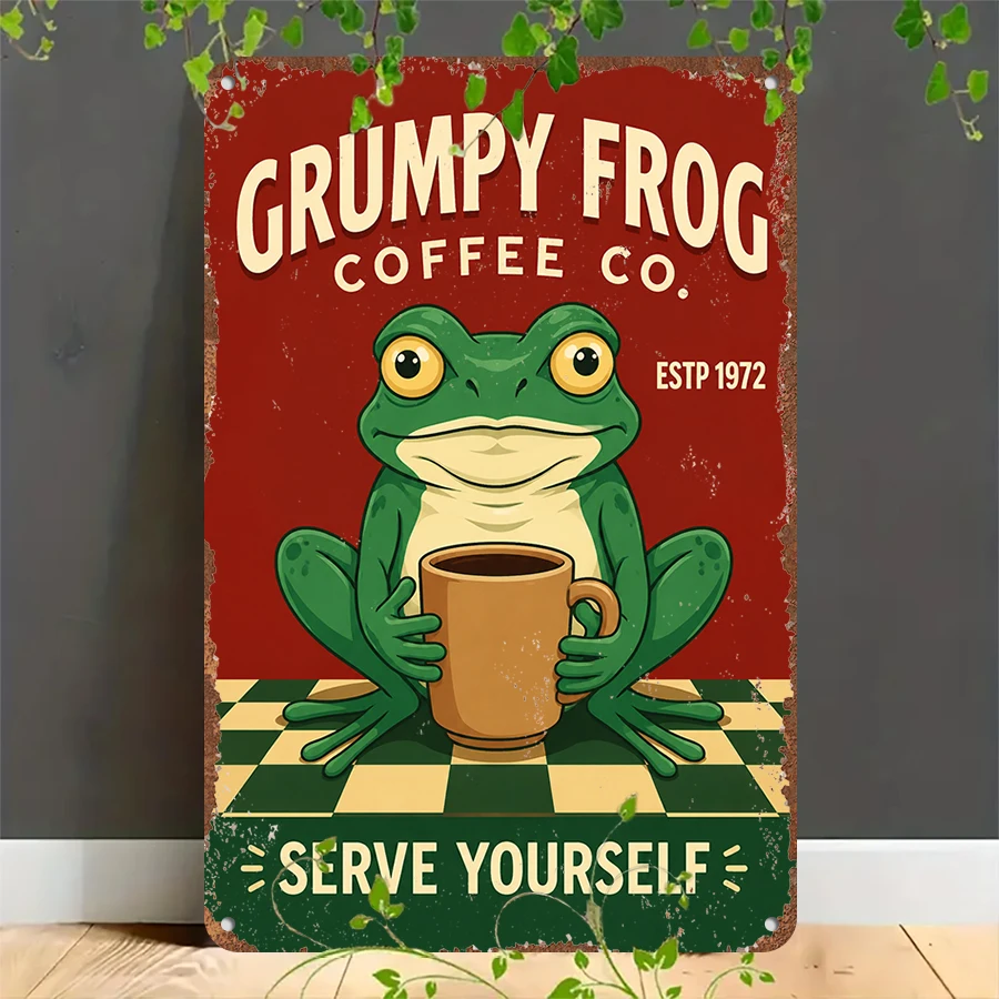 2D flat retro metal tin plate,  Grumpy Frog Coffee Co. Vintage Tin Sign, Suitable for home, garage, café, bar and garden decoration