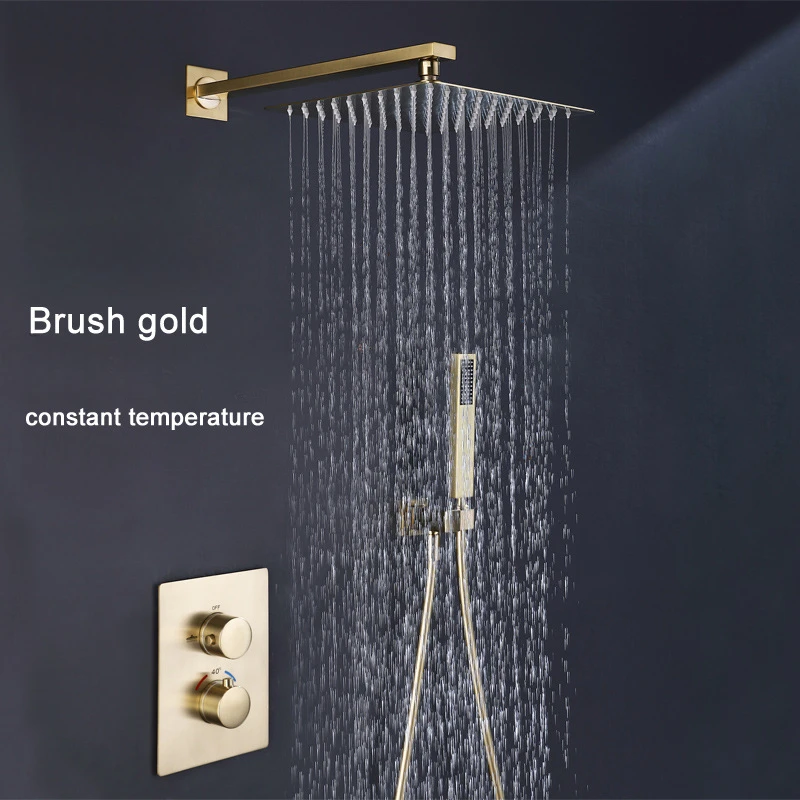 Luxury Brushed Gold Thermostatic Shower System with Large Shower Head, Hidden Wall Mount and In-Wall Installation