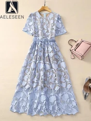 AELESEEN High Quality Women Summer Lace Dress Design Fashion O-Neck Blue Flower Embroudery Belt High Waist Elegant Long Party