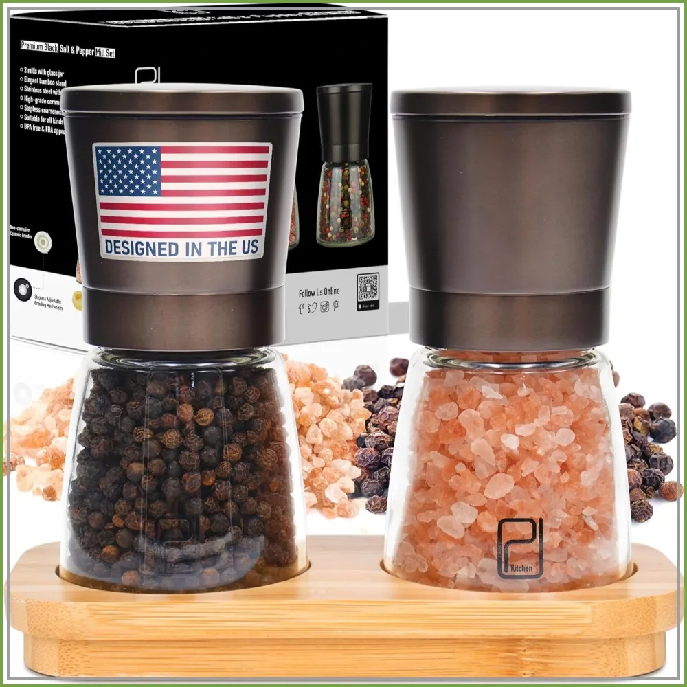 

Adjustable Salt & Pepper Grinder Set, 5 oz, Black Bronze Stainless Steel, Refillable