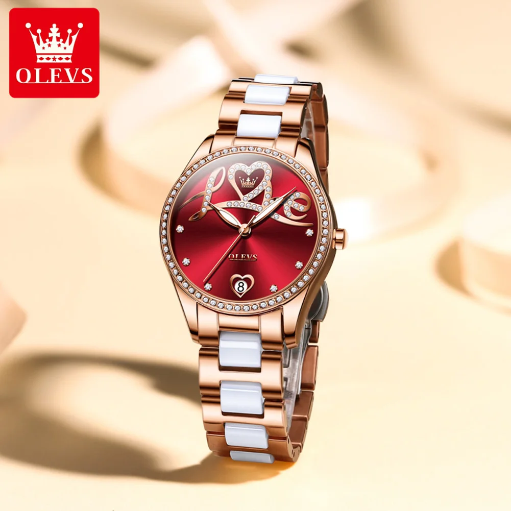 OLEVS 6686 LOVE Dial Automatic Mechanical Watch For Women Ceramic Steel Strap Elegant Woman Watches Date Waterproof Hand Clock