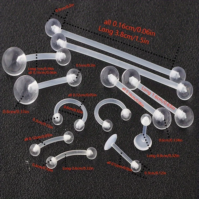 4/12/36pcs Plastic Industrial Barbell Eyebrow Lip Nose Ring Acrylic Belly Button Transparent Cartilage Helix Hoop Body Piercing