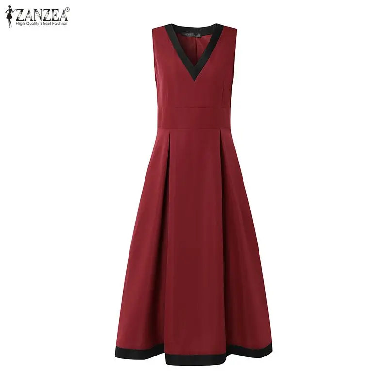 ZANZEA Elegantes ärmelloses Partykleid mit V-Ausschnitt für Damen, Sommer-Patchwork-Sommerkleid, stilvolles, tailliertes A-Linien-Kleid, Urlaubs-Midi-Robe – Detail 13