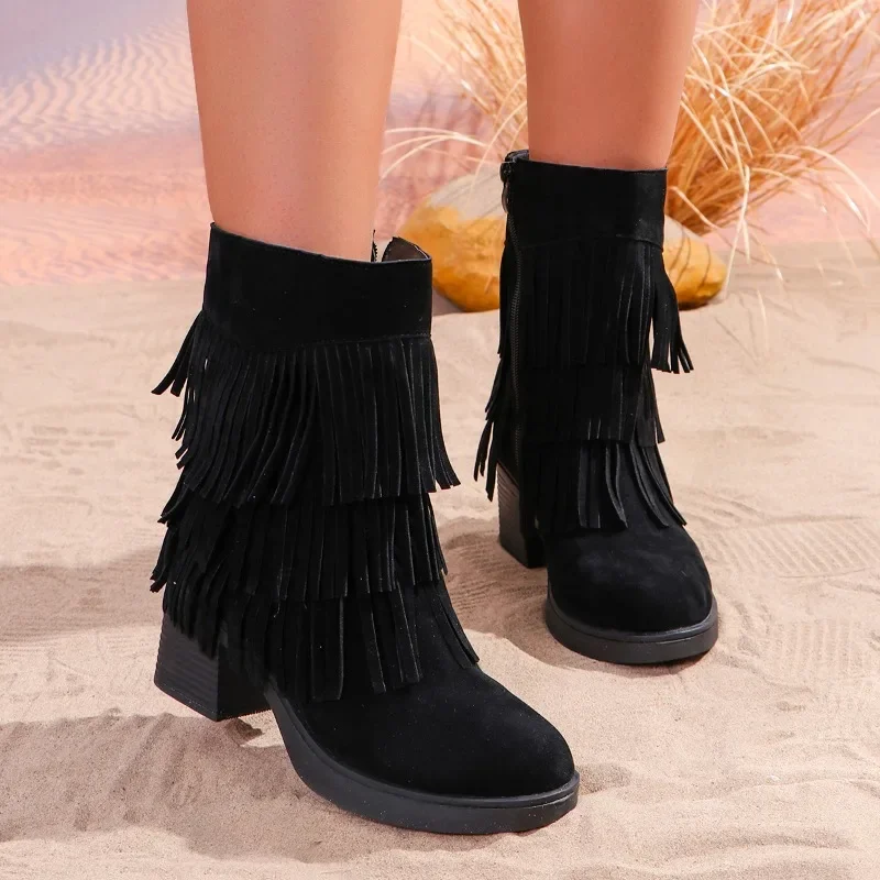 Chelsea Tassels High Heels Ankle Boots Fashion Women Shoes Suede Platform Snow Boots Women 2024 Trend Chunky Goth Botas Mujer