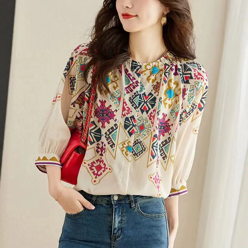 Elegant Summer Fashion Loose Single-breasted Printing Blouse Women 3/4 Sleeve Slim Office All-match O-collar Chiffon Lady Shirt