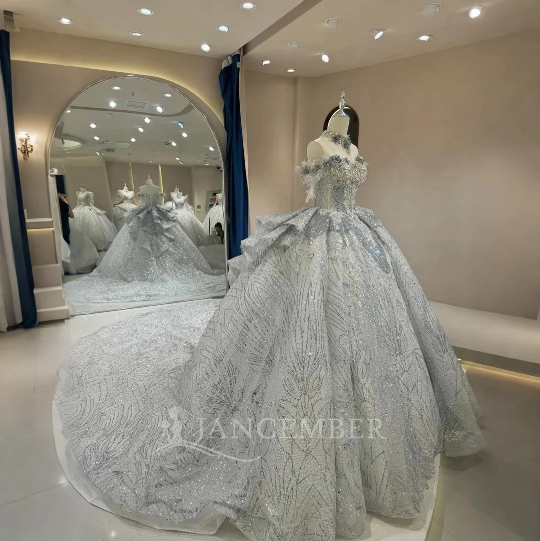 글리터 웨딩 드레스 스팽글 비딩 볼 가운 짧은 소매 스쿱 브라이드 레이스업 백 러플 맞춤형 웨딩 드레스